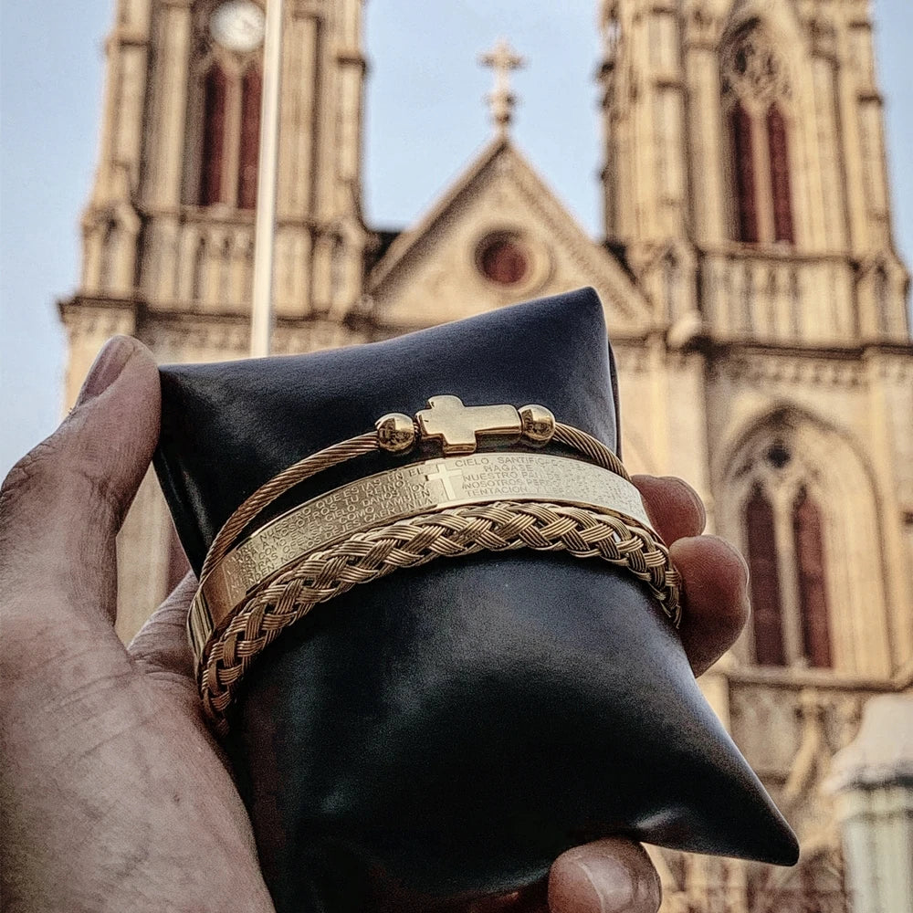 Conjunto de braceletes cruzados em aço inoxidável para homens, escultura em escrituras espanholas, jóias de luxo, Hip Hop, aberto, marca