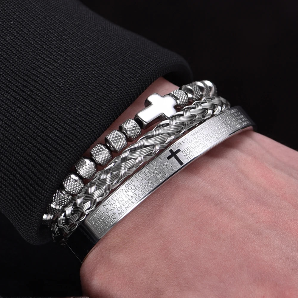 Conjunto de luxo contas de aço inoxidável pulseira cruz hip hop masculino jóias charme aberto brangle escultura escritura espanhola dropshiping