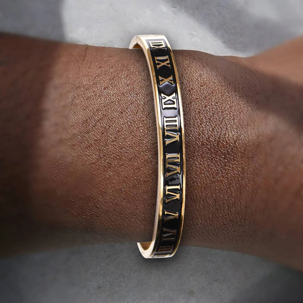 Novo design manguito pulseira pulseira de aço inoxidável esmalte escultura numeral romano casal pulseira romana para homens mulheres jóias