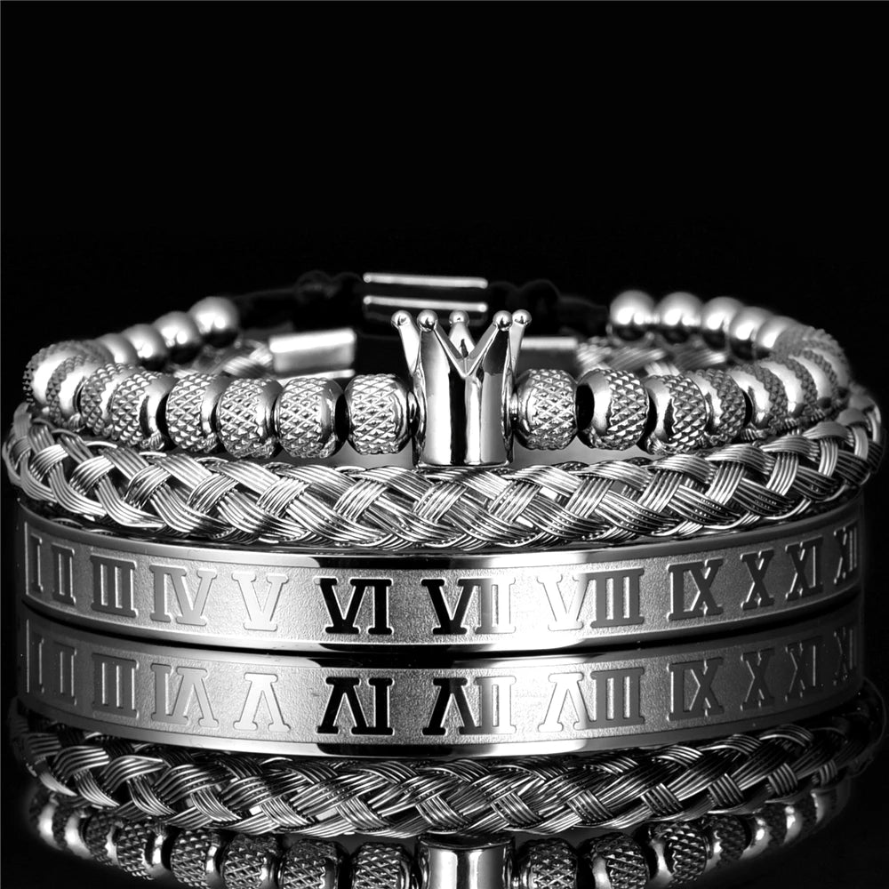Luxo Roman Royal Crown Charme Pulseira para Homens, Aço Inoxidável, Geometria Aberta Pulseiras Ajustáveis, Casal Presente Da Jóia