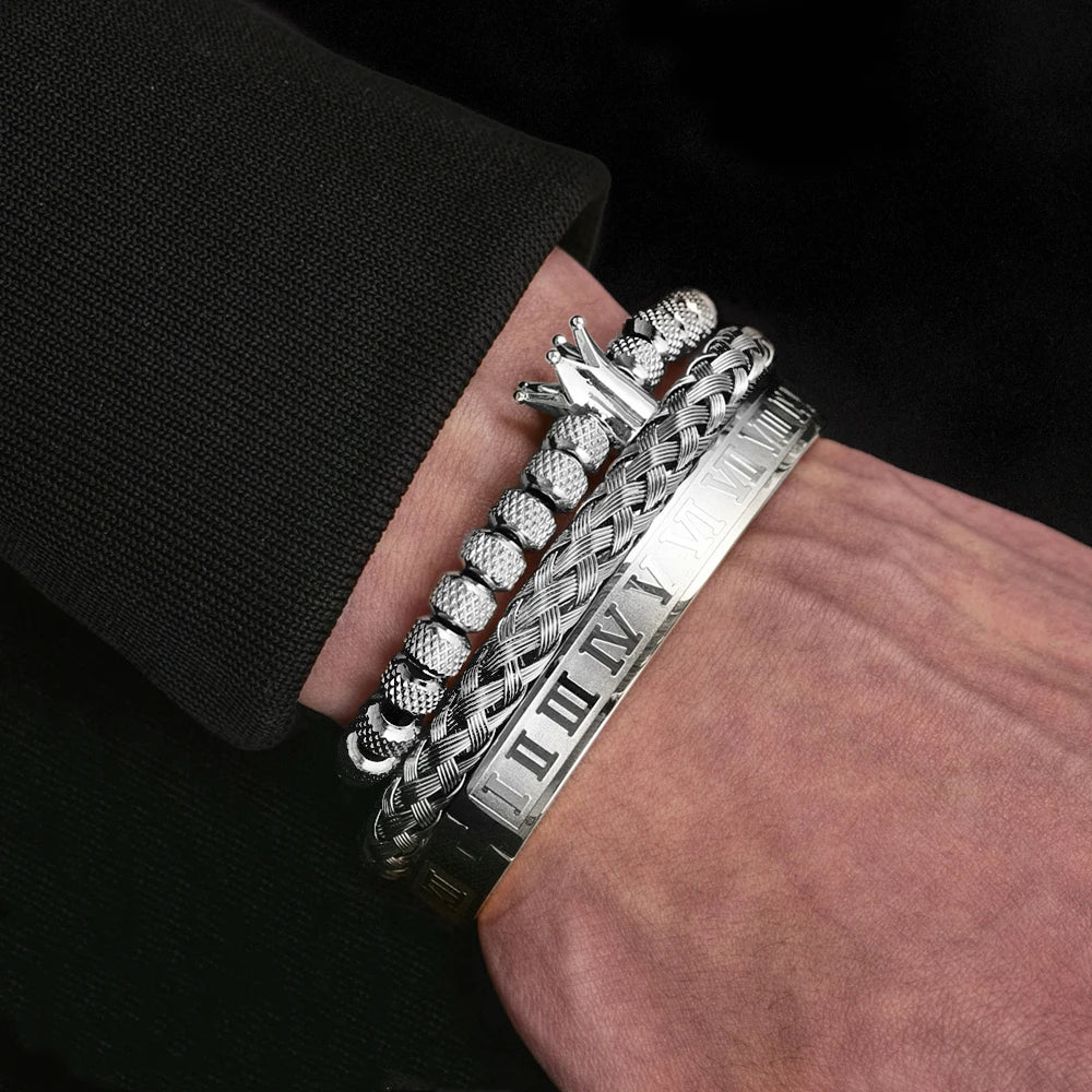 Luxo Roman Royal Crown Charme Pulseira para Homens, Aço Inoxidável, Geometria Aberta Pulseiras Ajustáveis, Casal Presente Da Jóia