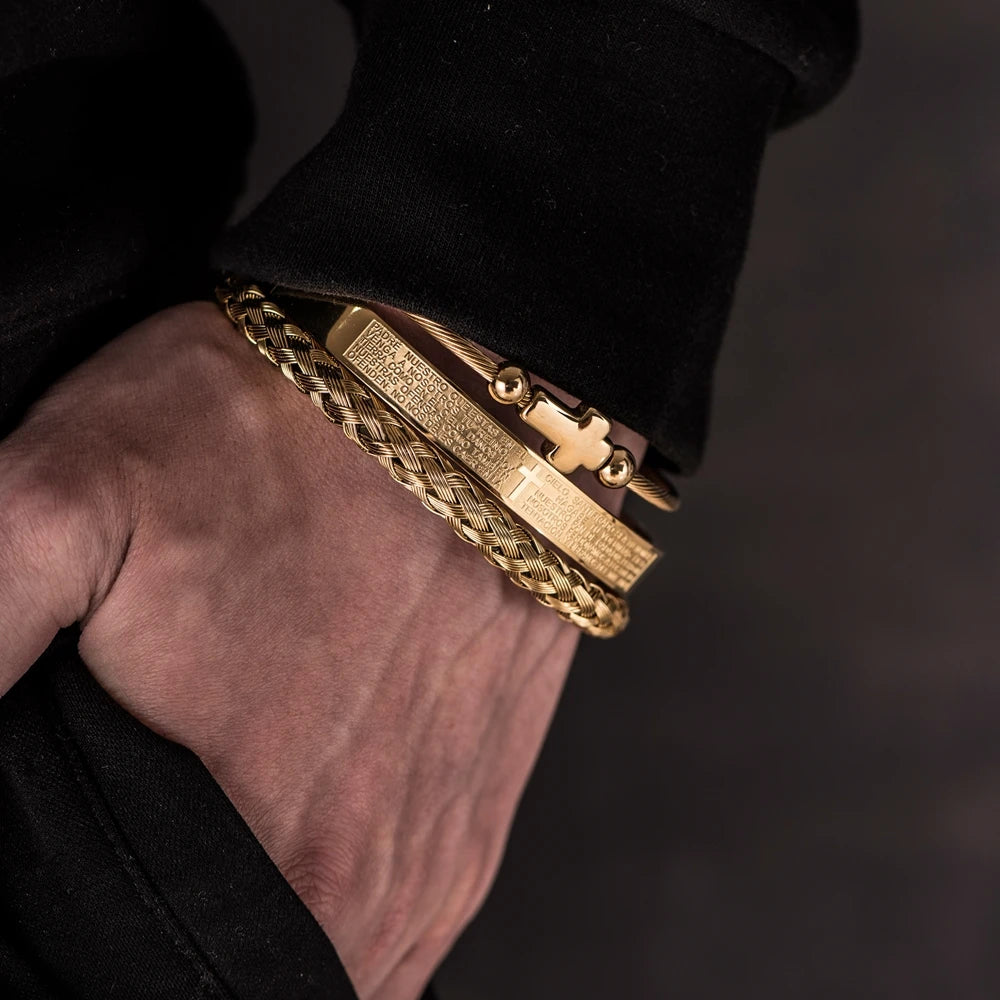Conjunto de braceletes cruzados em aço inoxidável para homens, escultura em escrituras espanholas, jóias de luxo, Hip Hop, aberto, marca