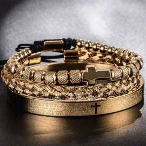 Conjunto de luxo contas de aço inoxidável pulseira cruz hip hop masculino jóias charme aberto brangle escultura escritura espanhola dropshiping