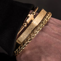 Conjunto de braceletes cruzados em aço inoxidável para homens, escultura em escrituras espanholas, jóias de luxo, Hip Hop, aberto, marca