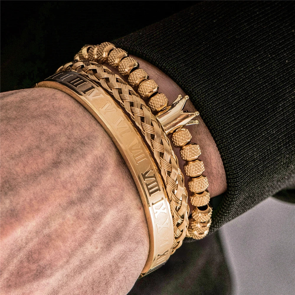 Luxo Roman Royal Crown Charme Pulseira para Homens, Aço Inoxidável, Geometria Aberta Pulseiras Ajustáveis, Casal Presente Da Jóia