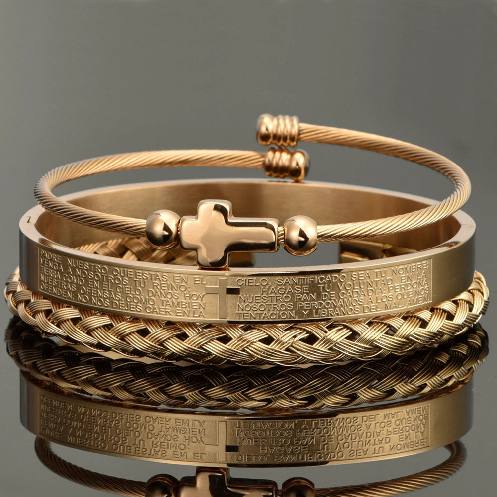 Conjunto de braceletes cruzados em aço inoxidável para homens, escultura em escrituras espanholas, jóias de luxo, Hip Hop, aberto, marca