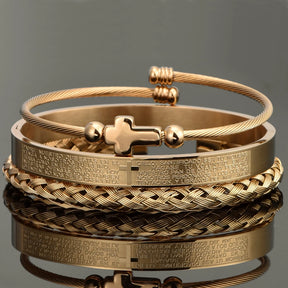 Conjunto de braceletes cruzados em aço inoxidável para homens, escultura em escrituras espanholas, jóias de luxo, Hip Hop, aberto, marca