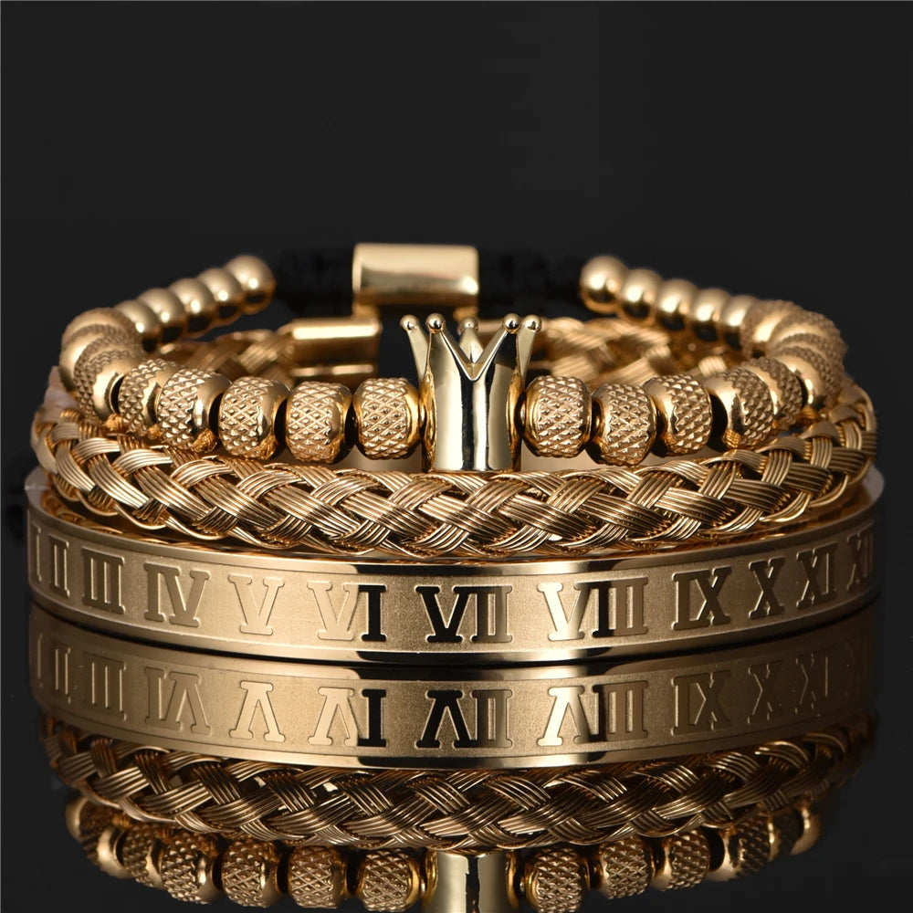 Luxo Roman Royal Crown Charme Pulseira para Homens, Aço Inoxidável, Geometria Aberta Pulseiras Ajustáveis, Casal Presente Da Jóia