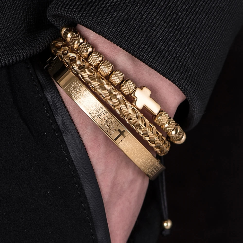 Conjunto de luxo contas de aço inoxidável pulseira cruz hip hop masculino jóias charme aberto brangle escultura escritura espanhola dropshiping