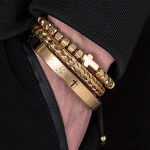 Conjunto de luxo contas de aço inoxidável pulseira cruz hip hop masculino jóias charme aberto brangle escultura escritura espanhola dropshiping