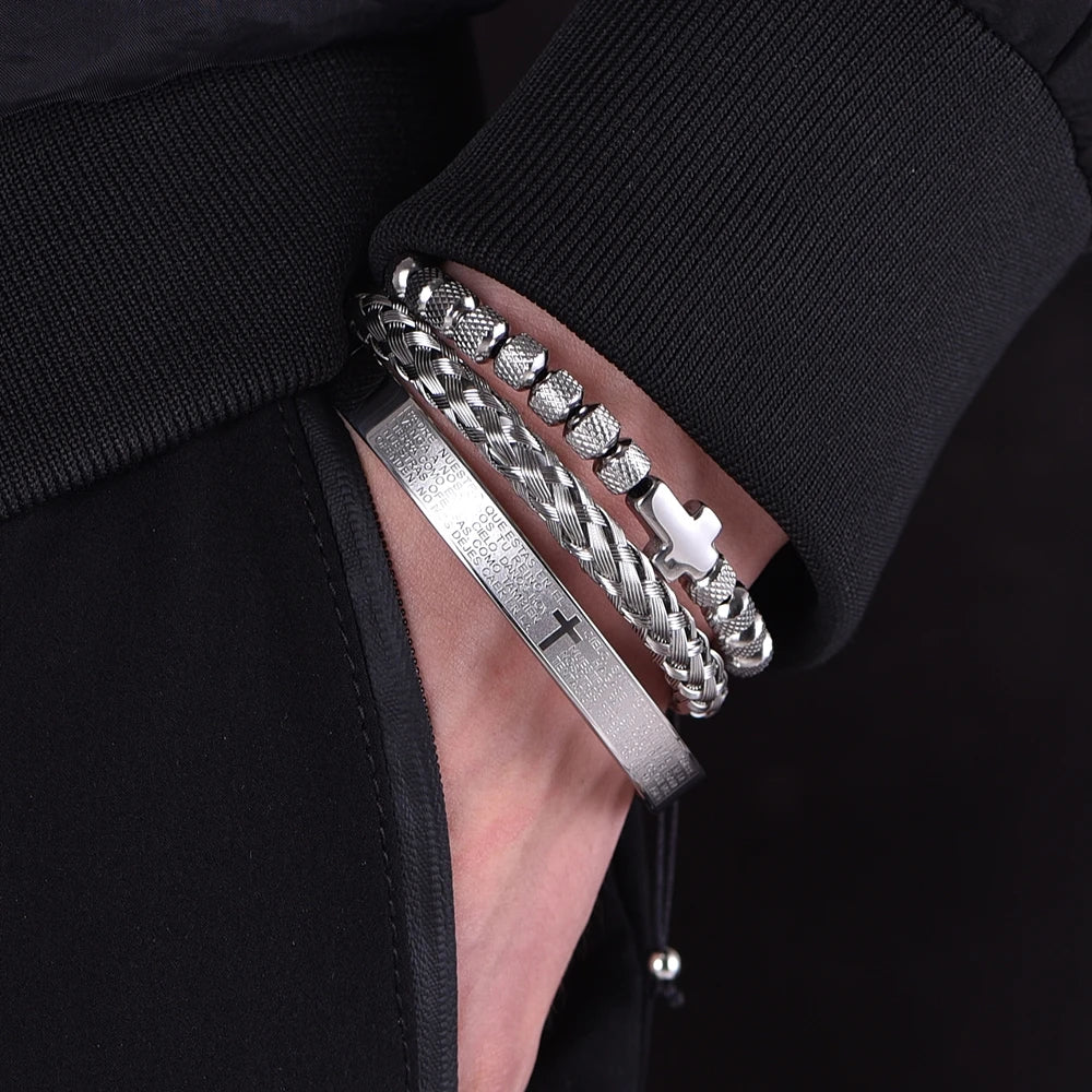 Conjunto de luxo contas de aço inoxidável pulseira cruz hip hop masculino jóias charme aberto brangle escultura escritura espanhola dropshiping