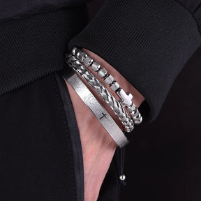 Conjunto de luxo contas de aço inoxidável pulseira cruz hip hop masculino jóias charme aberto brangle escultura escritura espanhola dropshiping