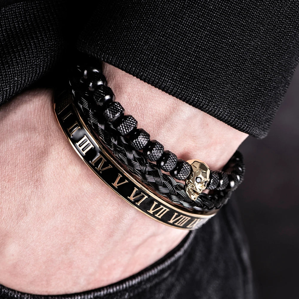 Luxo 3 pçs/set crânio charme preto pulseira de aço inoxidável masculino esmalte número romano pulseiras europa moda casal jóias