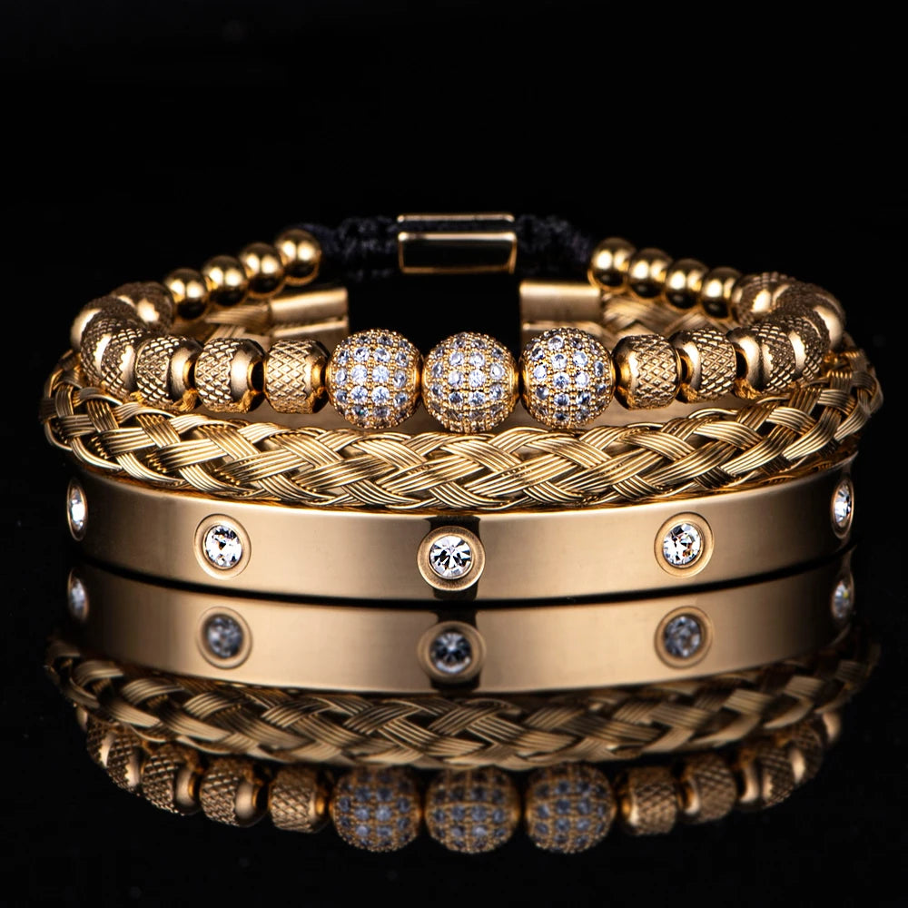 3 pçs luxo micro pave cz contas redondas charme real pulseiras masculinas cristais de aço inoxidável pulseiras casal artesanal jóias presente