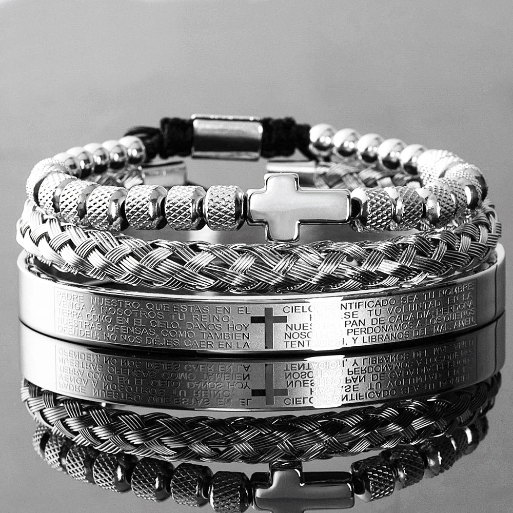 Conjunto de luxo contas de aço inoxidável pulseira cruz hip hop masculino jóias charme aberto brangle escultura escritura espanhola dropshiping