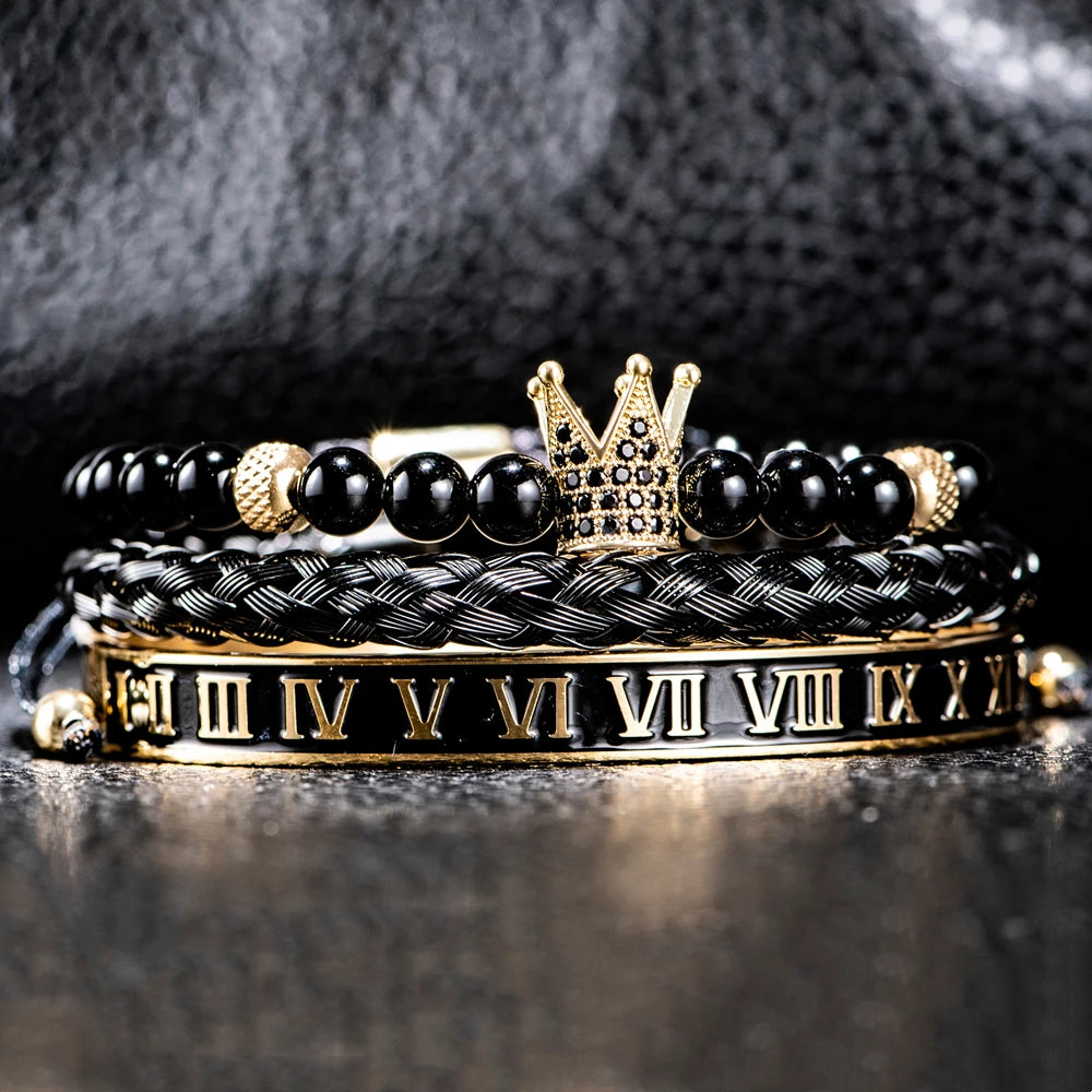 Pulseira coroa de aço inoxidável para homens, cor dourada, esmalte preto, braceletes número romano, jóias casal europeu, charme de luxo