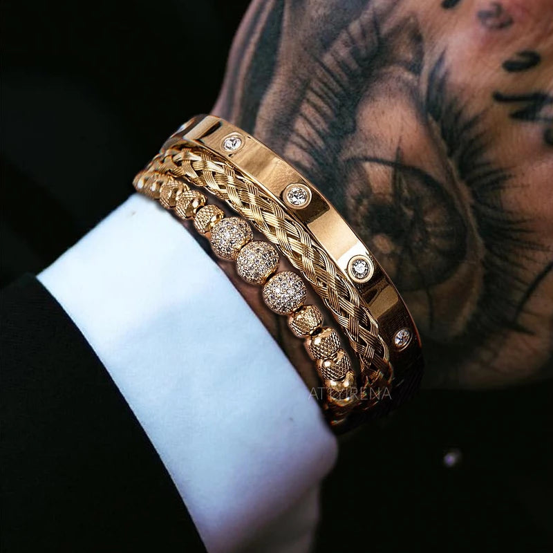 3 pçs luxo micro pave cz contas redondas charme real pulseiras masculinas cristais de aço inoxidável pulseiras casal artesanal jóias presente
