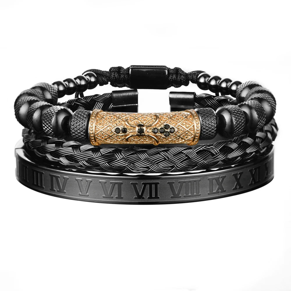 Luxo Flower Charm Pulseiras pretas, pulseira de aço inoxidável para homens, número romano, moda europa, presente da jóia, masculino e feminino, 3pcs, conjunto