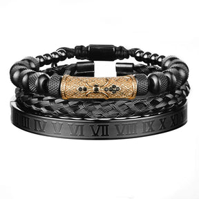 Luxo Flower Charm Pulseiras pretas, pulseira de aço inoxidável para homens, número romano, moda europa, presente da jóia, masculino e feminino, 3pcs, conjunto