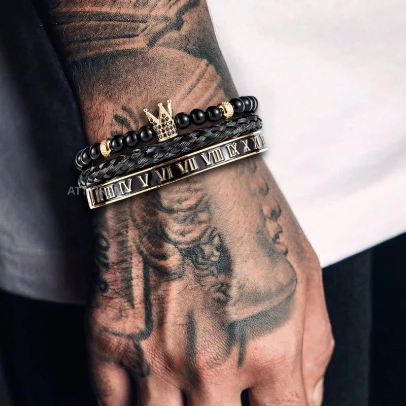 Pulseira coroa de aço inoxidável para homens, cor dourada, esmalte preto, braceletes número romano, jóias casal europeu, charme de luxo