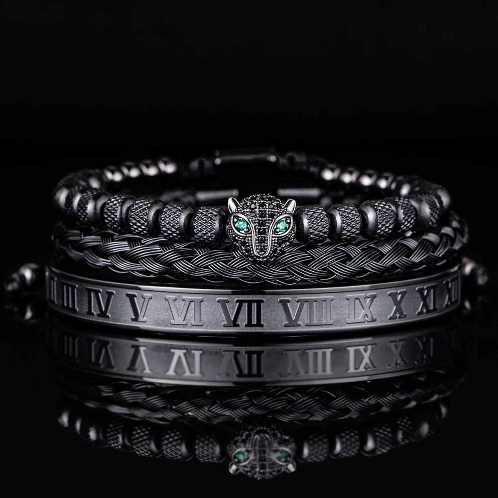 3 pçs/set clássico artesanal trança pulseira hip hop masculino pavimentar cz cabeça de leopardo numeral romano pulseira jóias de aço inoxidável