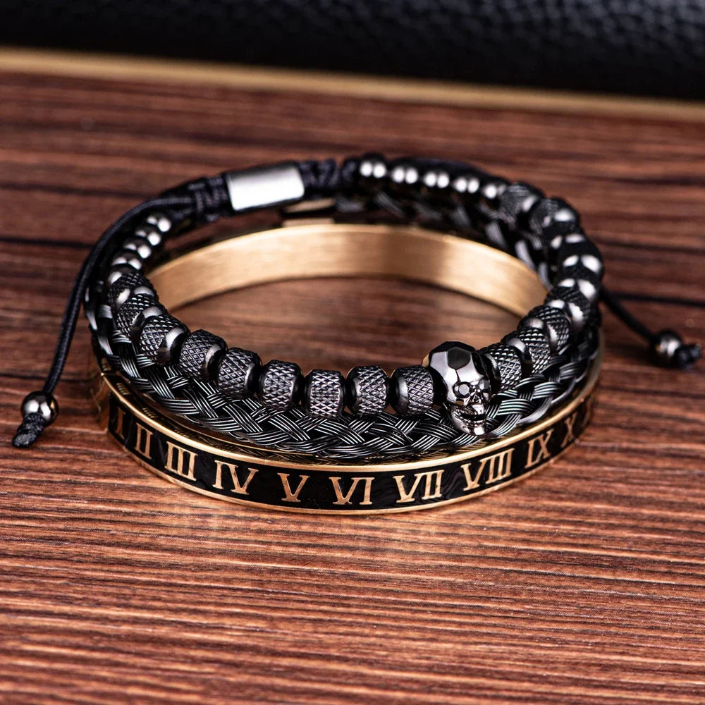 Pulseira preta do aço inoxidável, encanto do crânio, jóias personalizadas
