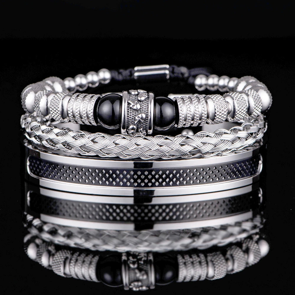Pulseiras de corda artesanal de aço inoxidável para homens, pulseiras de caveira, Tiger Eye Natural Stone, Gift Accessories, 3 Pcs/Set