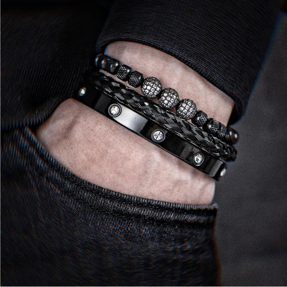 3 pçs luxo micro pave cz contas redondas charme real pulseiras masculinas cristais de aço inoxidável pulseiras casal artesanal jóias presente